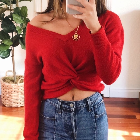 ❤️ Bright Red Knot-Front Long Sleeves V-Neck Brushed Knit Sweater - Picture 2 of 8